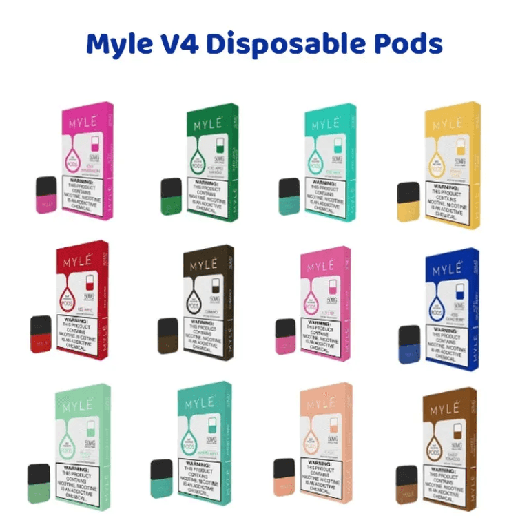 Factory-sealed pack of MYLÉ V4 Pods UAE containing four pre-filled salt nicotine cartridges